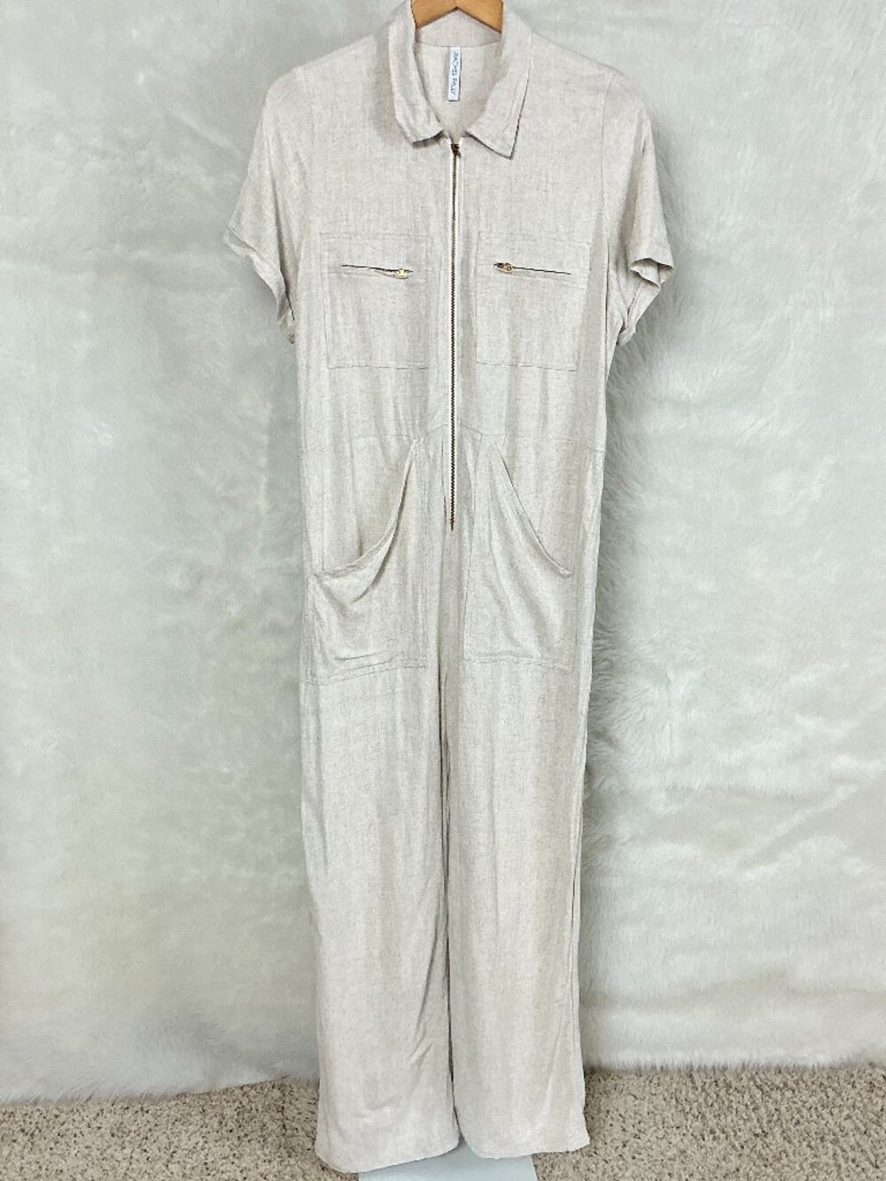 Rachel Pally Natural Beige Linen Blend Short Sleeve Rococo Utility Jumpsuit XL
